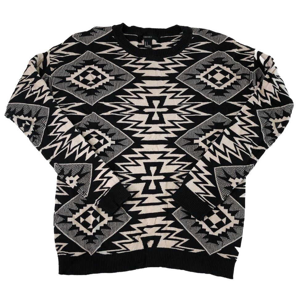 Forever 21 men’s Aztec southwestern geometric knit sweater black and cream Small